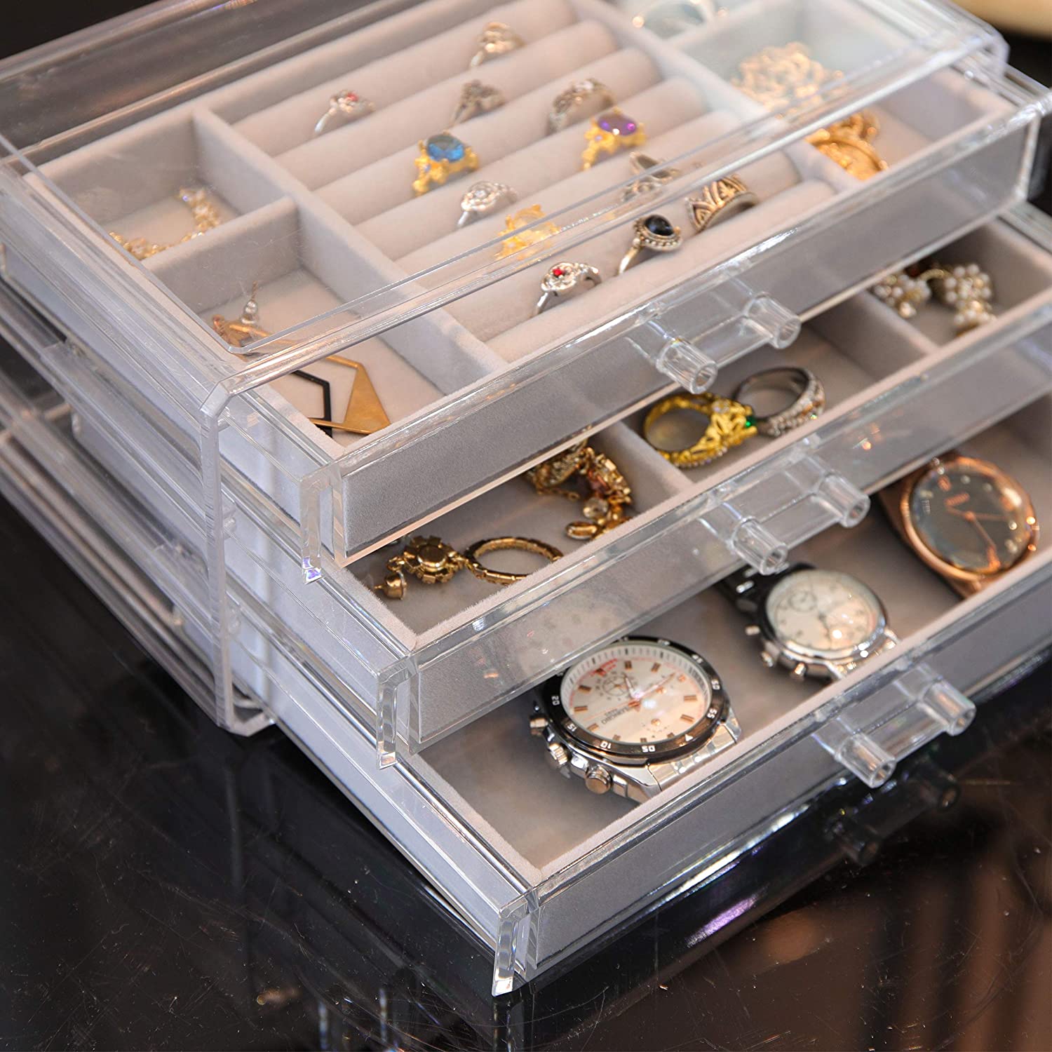 Acrylic Clear Jewelry Organizer Box 3 Drawers, Velvet Jewelry Storage,  Earring Rings Necklaces Bracelets Storage Display Case Gift for Women,  Girls 